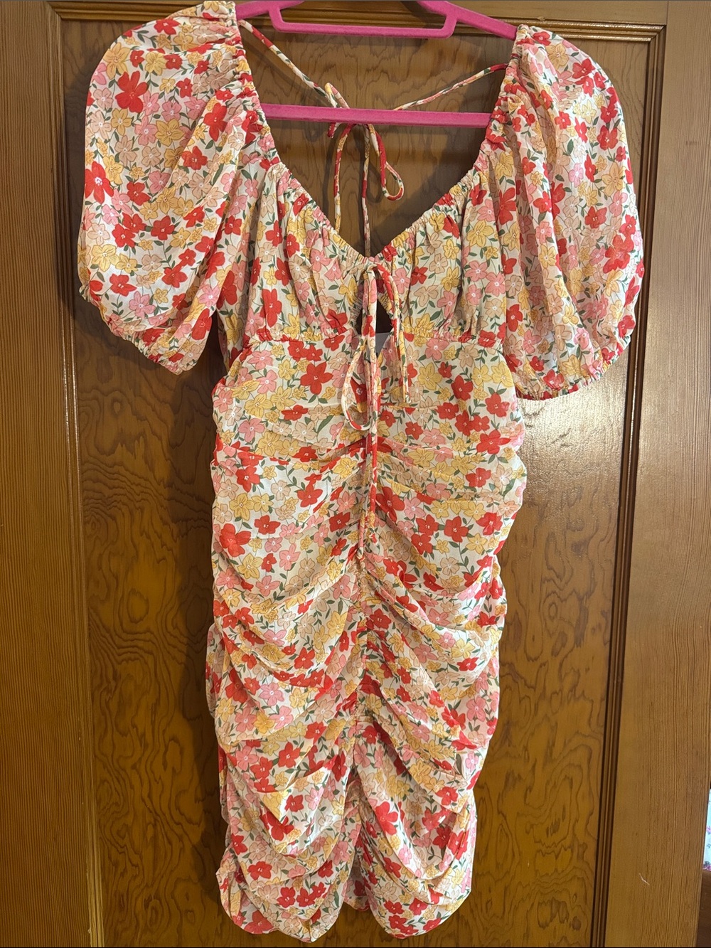Sky To Moon Floral Ruched Mini Dress in Red Pink and Cream